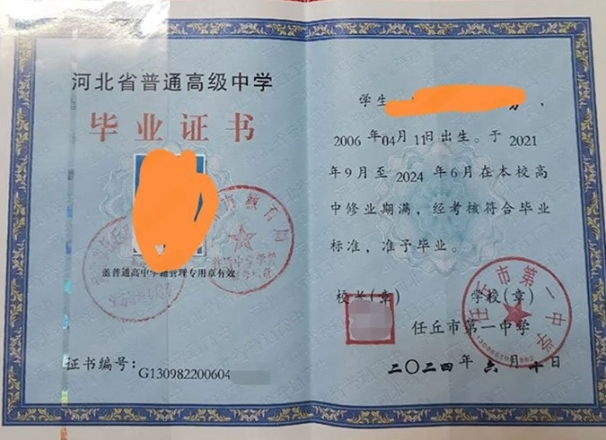 绵阳任丘市第一中学高中毕业证样本图片